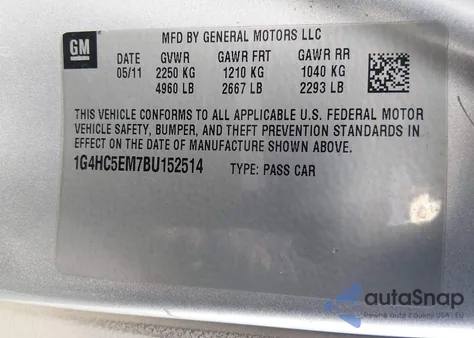 2011 Buick Lucerne Cxl z USA, uszkodzony, nr VIN 1G4HC5EM7BU152514